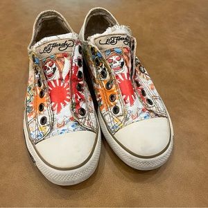 Ed Hardy Vintage Low Top Pull On Sneakers Geisha Dragon Pattern Women’s Sz 6